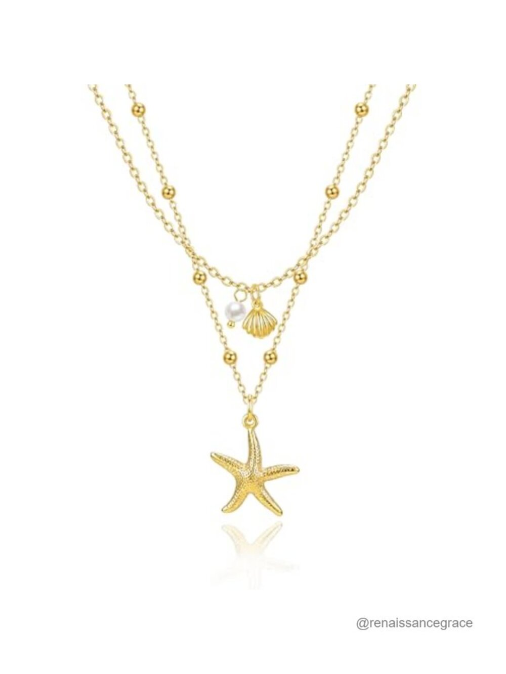 14K Gold Plated Starfish Shell Pearl Pendant Necklace Layered Dainty Beach